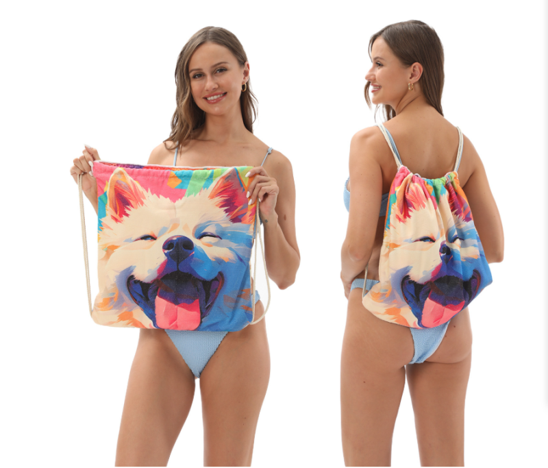 Foldable Beach Towel with 3D Pet Dog Print – 2-in-1 Bath/Beach Scarf with Built-In Storage Bag! - Image 3