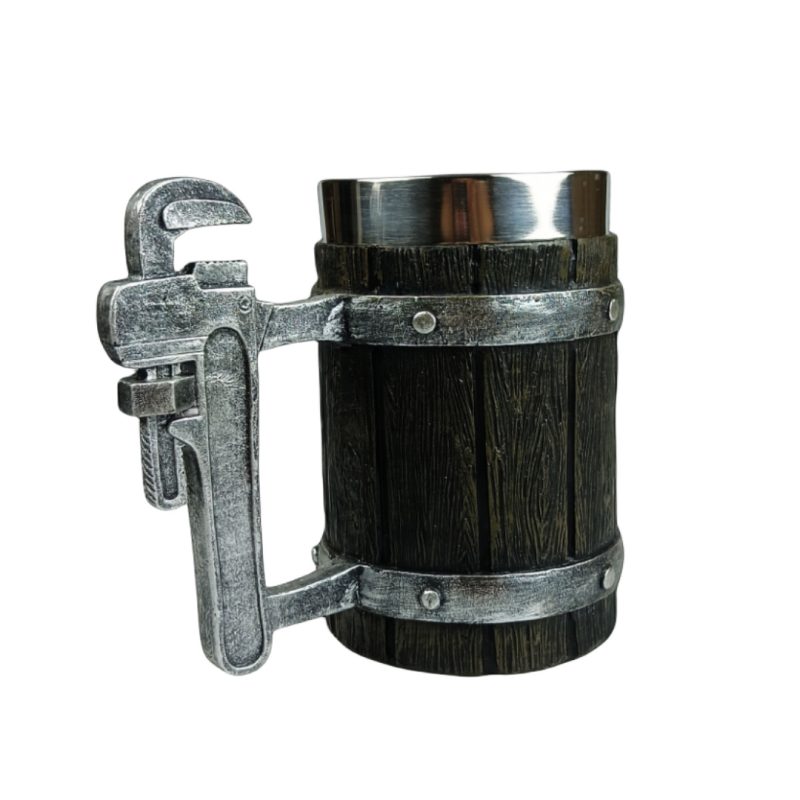 Man Cave Essential! Wrench Handle Wooden Barrel Beer Mug - 600ml Large Stainless Steel Cup with Vintage Wood Grain, Unique Barware for Beer Fans