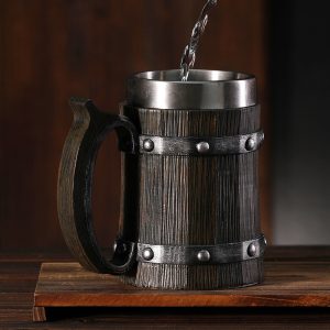 Medieval-Inspired Wooden Barrel Beer Stein - 600ml Stainless Steel Pub Mug with Fake Wood Grain, Heavy-Duty Double-Walled Design for Home Bar, Man Cave & Fantasy-Themed Gatherings​
