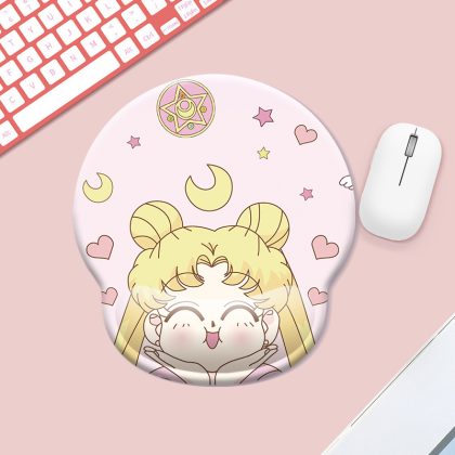 Sailor Moon Childhood Kawaii Wrist Rest Mouse Pad, Small Silicone Gel Mousepad with Ergonomic Support | Pink Anime Desk Accessory