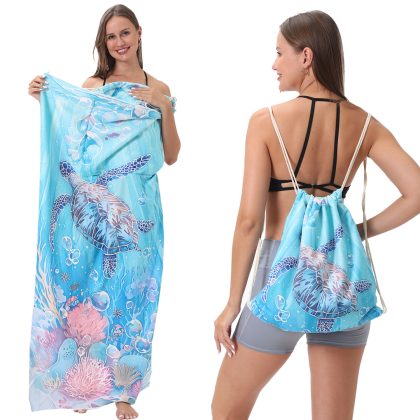 Foldable Beach Towel with 3D Sea Turtle Print – 2-in-1 Bath/Beach Scarf with Built-In Storage Bag for Travel!