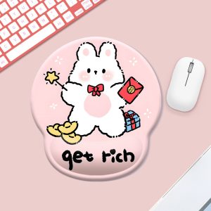 Cute Rabbit "Get Rich" Cartoon Wrist Rest Gel Mouse Pad - Small Ergonomic Computer Mouse Mat for Desk & Laptop