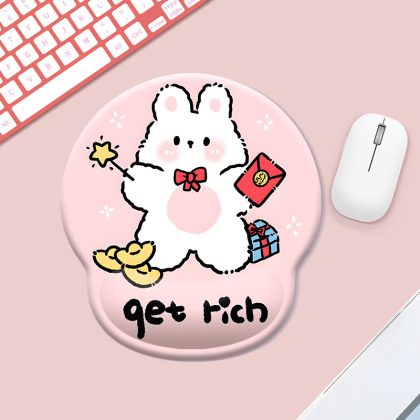 Cute Rabbit "Get Rich" Cartoon Wrist Rest Gel Mouse Pad - Small Ergonomic Computer Mouse Mat for Desk & Laptop