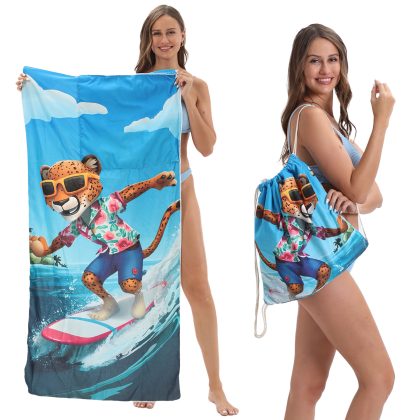 Foldable Beach Towel with 3D Splashing Leopard Print – 2-in-1 Bath/Beach Scarf with Built-In Storage Bag!
