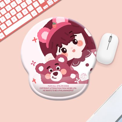 Cute Strawberry Bear Cartoon Gel Wrist Rest Mouse Pad - Small Size Ergonomic Support, Soft Silicone Desk Pad for Laptop & PC (Anime Lovers & Girls Must-Have)