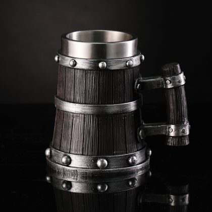 Vintage Wooden Barrel Beer Mug - Creative Retro Wooden Look Stainless Steel Large Capacity Bar Cup, Unique Handle Design Water Mug for Home & Bar