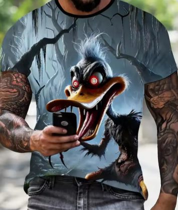 Horror Donald Duck 3D Digital Print Men's Casual Short-Sleeve T-Shirt – Spooky Cartoon Style for Halloween & Daily Wear!