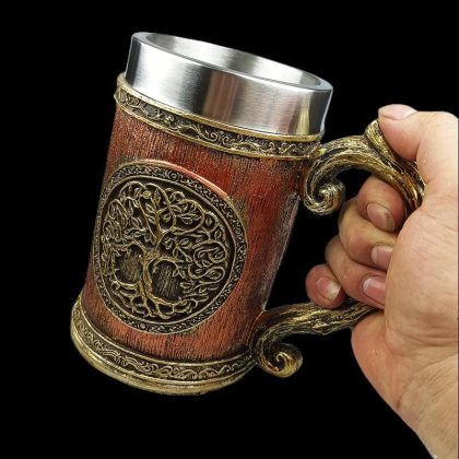 Medieval European Mythology World Tree Beer Mug - Stainless Steel Lined, Norse Life Tree Engraved Tankard for Home Bar & Viking - Themed Gatherings