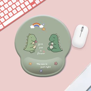 Cute Dinosaur Couple Wrist Rest Mouse Pad - Small Ergonomic Silicone Gel Mat for Computer/Laptop, Cartoon Desk Accessory with Rainbow & Flowers (Soft Wrist Support)