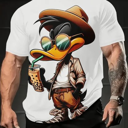 Coffee-Drinking Donald Duck 3D Digital Print Men's Casual Short-Sleeve T-Shirt – Fun Cartoon Style for Daily Wear!