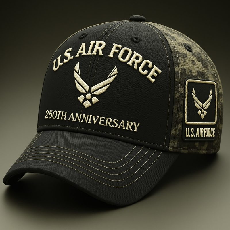 US Air Force 250th Anniversary Embroidered 3D Baseball Cap Fishing Hat with Navy Seal Commando Vibes Camo Detail Unisex Outdoor Cap