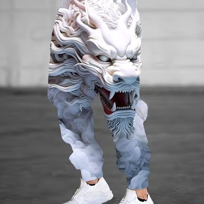 Chinese Dragon 3D Print Men's White Casual Sweatpants – Trendy Loose-Fit for Western Style!