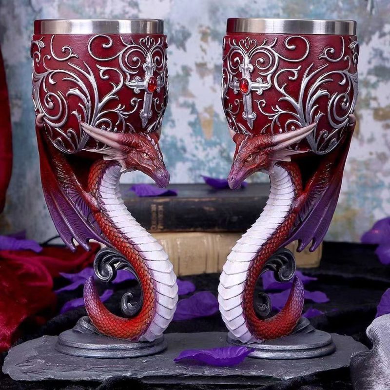 Medieval European Couple Wine Glasses with Dragon Stem, Unicorn & Skull Motifs | 101 - 200ml Gothic Red Wine Cups for Romantic Evenings