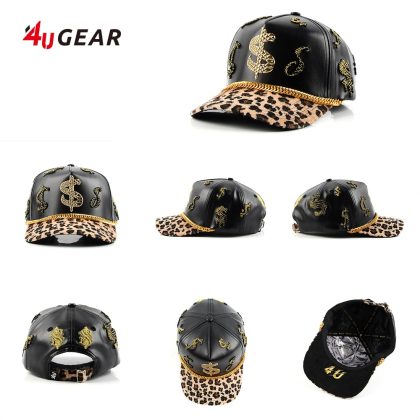 Leather Baseball Cap - 5-Panel Stylish Design with Decorative Accessories, Leopard Print Unisex Hat!