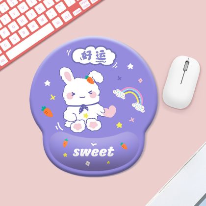 Adorable Rabbit “Good Luck” Silicone Gel Wrist Rest Mouse Pad, Small Kawaii Cartoon Computer Desk Mat for Office & Study