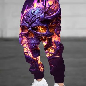 Purple Skull 3D Digital Print Men's Mixed-Color Casual Sweatpants – Bold Retro Street Style for Western Fashion!