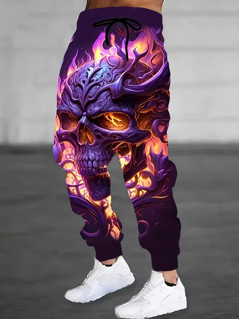Purple Skull 3D Digital Print Men's Mixed-Color Casual Sweatpants – Bold Retro Street Style for Western Fashion!