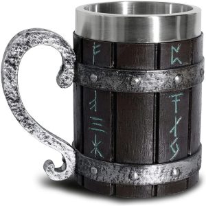Viking Rune Wooden-Style Stainless Steel Beer Mug, 600ml Large Capacity Pint Glass with Metal Handle - Rustic Retro Tankard for Bar, Home, Parties