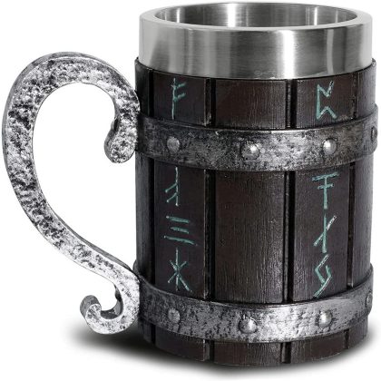 Viking Rune Wooden-Style Stainless Steel Beer Mug, 600ml Large Capacity Pint Glass with Metal Handle - Rustic Retro Tankard for Bar, Home, Parties