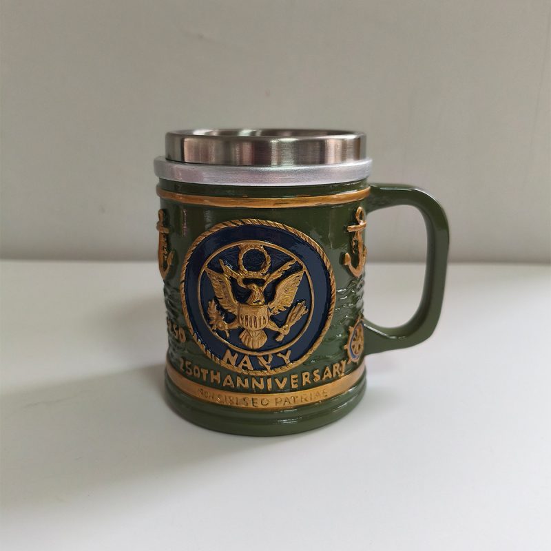 Navy 250th Anniversary Military Commemorative 3D Ceramic Mug with Stainless Steel Lid, 301-400ml Vintage US Military Drinkware
