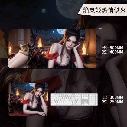 Enthusiastic Flame Princess: Sexy Red - Dressed Anime Girl XXL Office Desk Mouse Pad
