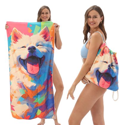 Foldable Beach Towel with 3D Pet Dog Print – 2-in-1 Bath/Beach Scarf with Built-In Storage Bag!