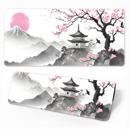Oversized Japanese - Style Sakura & Mountain Gaming Mouse Pad - Locked Edge, Smooth for Esports & Desk
