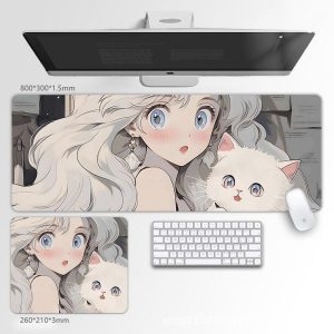 Anime Girl & White Cat Extra Large Gaming Mouse Pad - Non-Slip Desk Mat for Office & Gaming, Cute Cartoon Keyboard Pad