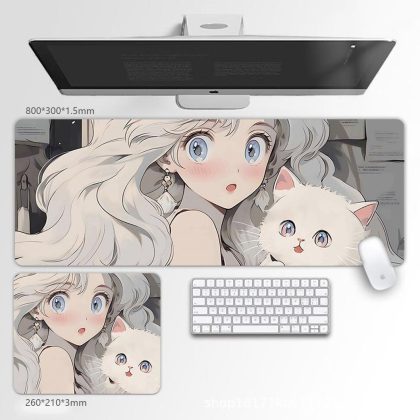 Anime Girl & White Cat Extra Large Gaming Mouse Pad - Non-Slip Desk Mat for Office & Gaming, Cute Cartoon Keyboard Pad
