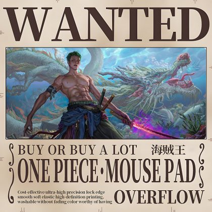 One Piece Roronoa Zoro Wanted Poster Style Large Gaming Mouse Pad, Anime Ergonomic Desk Mat with Lock Edge for Gamers & Fans