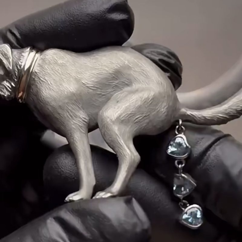 Hilarious Dog Pooping - Themed Metal Brooch with Heart - shaped Diamond Inlays - A Unique and Funky Accessory - Image 2