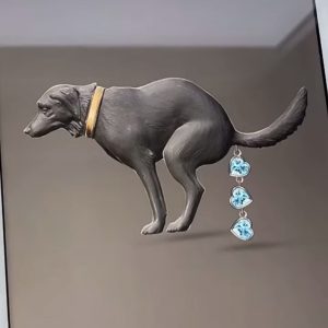Hilarious Dog Pooping - Themed Metal Brooch with Heart - shaped Diamond Inlays - A Unique and Funky Accessory