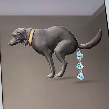 Hilarious Dog Pooping - Themed Metal Brooch with Heart - shaped Diamond Inlays - A Unique and Funky Accessory