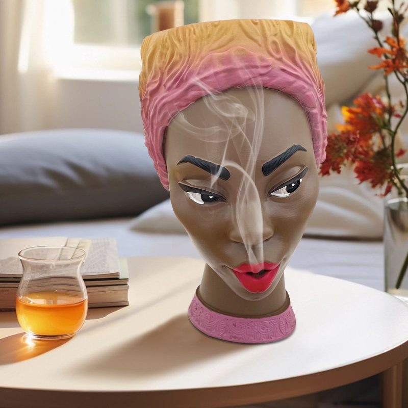 Unique African Queen Head Incense Burner Statue, Handmade Woman Bust Diffuser for Home Decor, Living Room/Entryway Desktop Ornament (Pink, 20 * 13 * 12cm, 1340g) | Green Version Available - Image 3