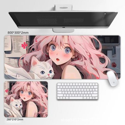 Extra Large Anime Mouse Pad 800x300mm, Pink Hair Anime Girl & White Cat Design, Gaming Desk Mat with Anti-Slip Rubber Base, Creative Keyboard Mat for Office/Home (260x210mm Portable Size Also Available)
