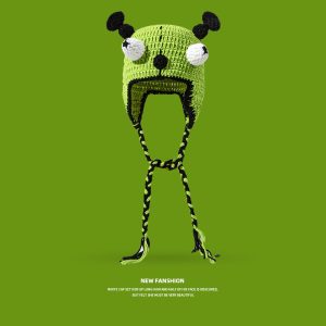 Cute Big-Eye Black Antenna Quirky Hand-Knitted Earflap Beanie - Playful Alien Winter Warm Woolen Hat
