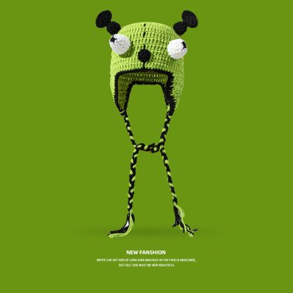 Cute Big-Eye Black Antenna Quirky Hand-Knitted Earflap Beanie - Playful Alien Winter Warm Woolen Hat