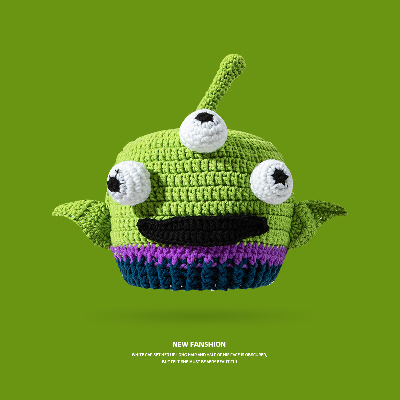 Cute Three-Eyed Alien-Themed Quirky Hand-Knitted Earflap Beanie - Playful Monster Winter Warm Woolen Hat