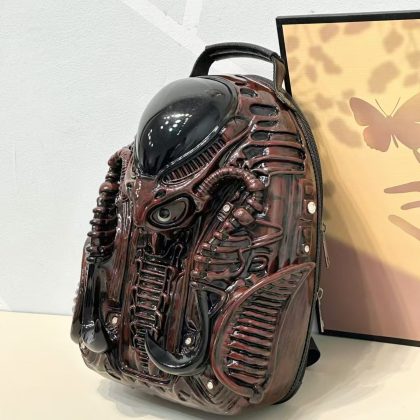 Gothic Red Alien Predator Backpack - Edgy Street Punk Style, Unisex 3D Sculpted Backpack for Fashion Rebels & Sci-Fi Fans