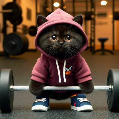 Burgundy Hoodie Gym Cat Sculpture – Cute Weightlifting Black Cat Figurine | Whimsical Home/Gym Decor for Cat & Fitness Enthusiasts