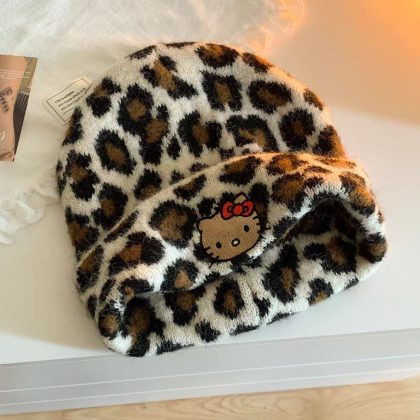 Hello Kitty Leopard Print Knit Beanie & Scarf Set – Women’s Winter Warmth | Face-Slimming Slouchy Hat, Big Head Friendly | Cozy Fall/Winter Headwear & Neck Wrap
