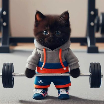Gray & Blue Track Suit Gym Cat Sculpture – Adorable Weightlifting Black Kitten Figurine | Fun Home/Gym Decor for Cat Lovers & Fitness Fans