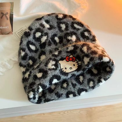 Cute Hello Kitty Leopard Print Knit Beanie & Scarf Set for Women | Winter Warmth, Face-Slimming Fit, Large Head Circumference | Cozy Slouchy Hat & Scarf Combo