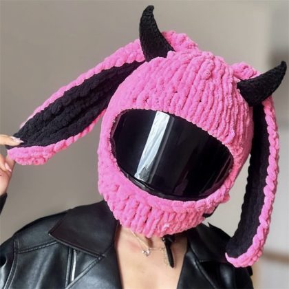Handmade Crochet Cartoon Devil Bunny Motorcycle Helmet Cover - Trendy & Funny Helmet Accessory for Riders