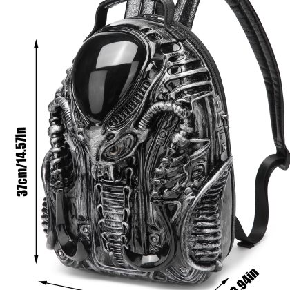 Vintage Alien Predator Fusion Backpack - Punk Rock Street Style, Unisex 3D Sculpted Backpack with Retro Aesthetic & Spacious Compartments