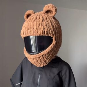 Handmade Crochet Cartoon Brown Bear Motorcycle Helmet Cover - Trendy & Cute Helmet Accessory for Riders