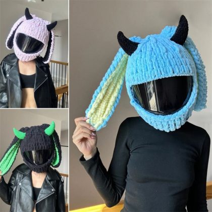 Handmade Crochet Cartoon Devil Bunny Motorcycle Helmet Cover Collection - Trendy & Playful Helmet Accessories for Riders