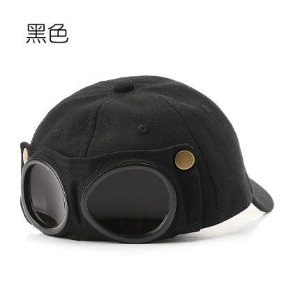 Black Pilot Cap with Goggles - Edgy Ins Korean Style Baseball Cap, Unisex Sunglasses Visor Hat for Summer Sunshade & Street Fashion Statement