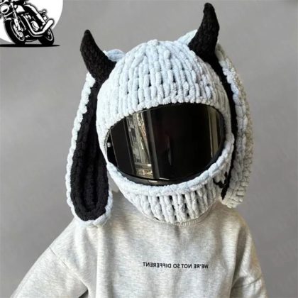 Handmade Crochet Cartoon Gray Devil Bunny Motorcycle Helmet Cover - Trendy & Edgy Helmet Accessory for Riders