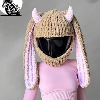 Handmade Crochet Cartoon Lamb-Horn Bunny Motorcycle Helmet Cover - Trendy & Whimsical Helmet Accessory for Riders